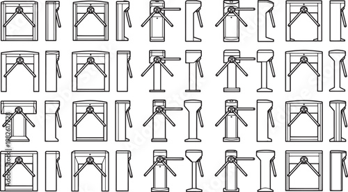 A repeating pattern showcases multiple perspectives of a sleek turnstile, a fundamental aspect of architectural design, presented in a monochromatic view.