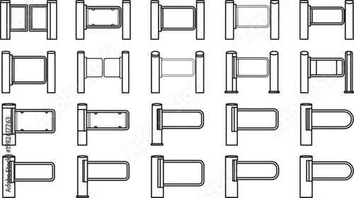 Array of turnstiles. The array contains different design turnstiles. Capturing the simplicity and functionality of entry systems.