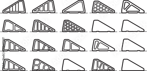 A collection of various ramps, expertly rendered in a detailed and clear black and white graphic design, showcasing diverse structural forms.