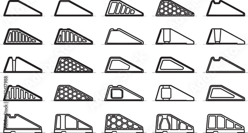 Collection of meticulously crafted track starting blocks, presenting a diverse array of designs in monochrome. Each block exemplifies precision, ready for athletic endeavor.