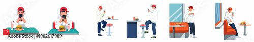 Set of illustrations depicting a young man distracted by his smartphone while eating fast food at a diner in various poses.