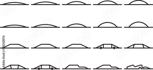 A collection of speed bump designs, showcasing a variety of shapes and sizes, presented in a minimalist, black-and-white illustration. 