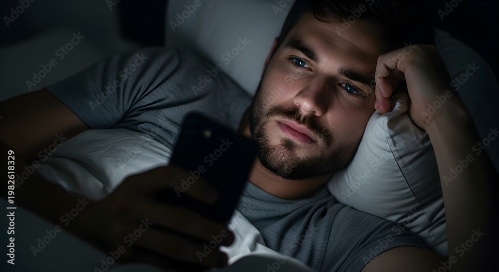 Fototapeta premium Man lying on bed at night looking at smartphone screen