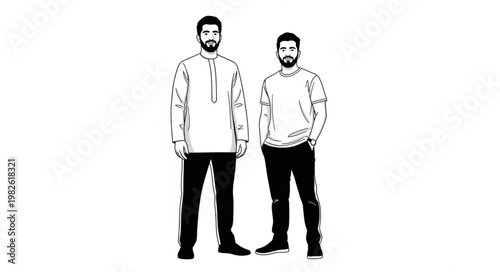 Two men standing side by side in casual clothing, looking forward.