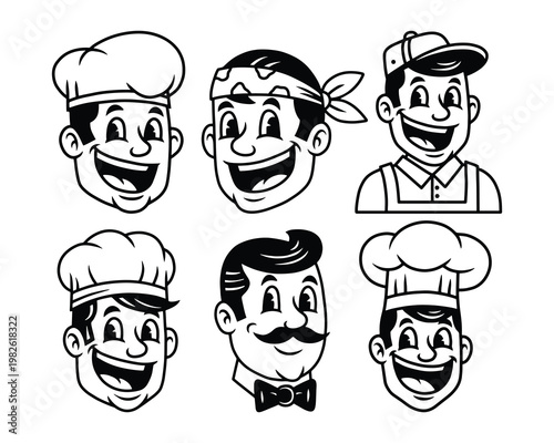 Cartoon chef character set in black and white line art style