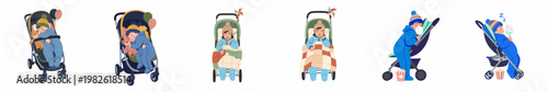 Vector collection of adorable babies and toddlers in strollers, dressed in warm winter clothing, shown sleeping or snacking with toys and balloons.