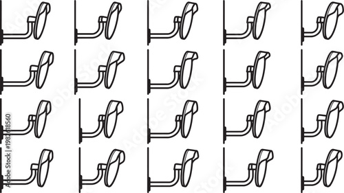 A modern and minimalist design pattern formed by a repeated arrangement of unique wall-mounted coat racks, representing functionality and style.