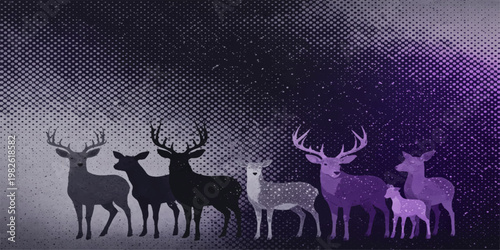 Cute reindeer silhouette standing in snowy winter Christmas background with antlers and festive design