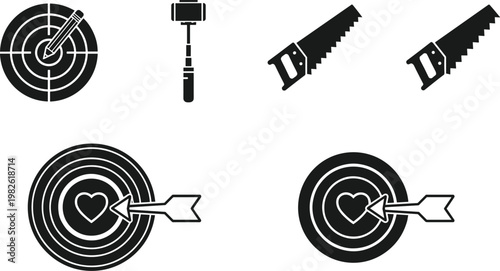 Target, Hammer and Hand Saw Icons Set with Arrow and Heart Bullseye Symbol Vector Illustration Collection