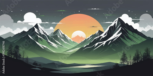 Winter night landscape with mountains, snow, trees, and a glowing moon under a blue cloudy sky