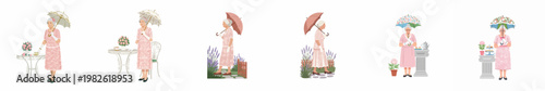 A series of elegant elderly woman illustrations in pink lace dresses, enjoying garden tea parties and strolls with floral parasols.