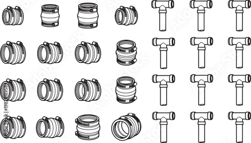 Plumbing Components with pipe connectors, unions and pipe fitting elements arranged.