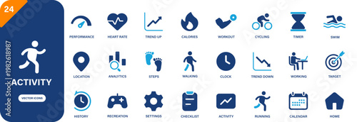 Activity icon collection featuring running, workout, steps, heart rate and calories symbols. Solid vector icons.