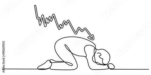 A single continuous line drawing of a person kneeling in despair with a downward trending arrow Vector, illustration
