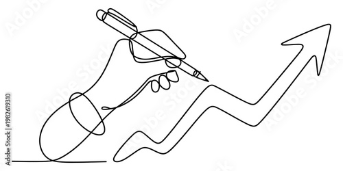 A continuous single line drawing of a hand holding a pen to draw an upward trending business graph Vector, illustration