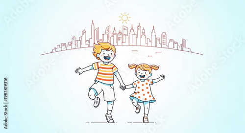 Two happy children running together holding hands.