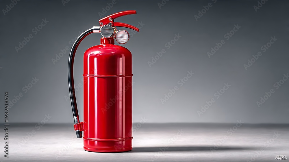 Fototapeta premium Red fire extinguisher equipment stands on a clean grey surface representing emergency preparedness and workplace safety protocols for modern industrial environments