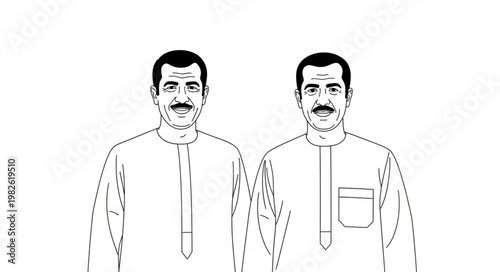 Two men in traditional attire, smiling and facing forward, monochrome.