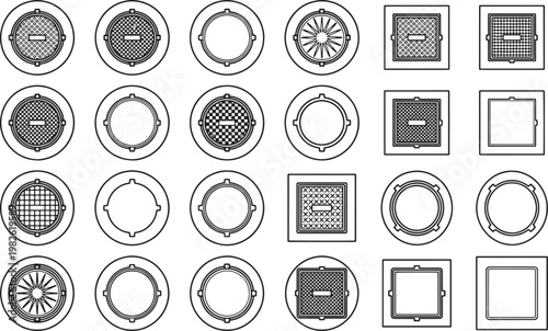 A collection of intricate manhole cover designs showcased in a clean, minimalist style. Explore the diverse aesthetics and patterns.