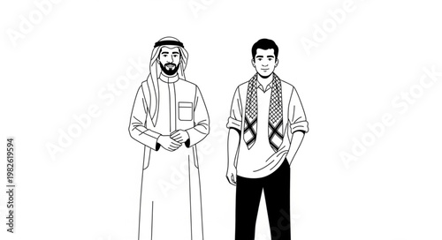 Two men in traditional attire, standing side by side.