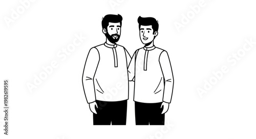 Two men in traditional attire standing together, embracing each other.