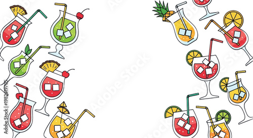 Colorful cocktail icons, tropical drink glasses, fruit garnishes, party beverages, vector illustrations