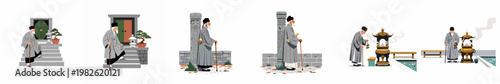 Illustrations of an elderly Korean man in traditional hanbok, depicting cultural activities such as visiting temples, gardens, and praying at an incense burner.