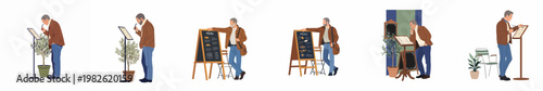 Vector illustration set of a mature man reading restaurant menus at various outdoor dining spots, featuring menu stands, sidewalk boards, and cafe settings.