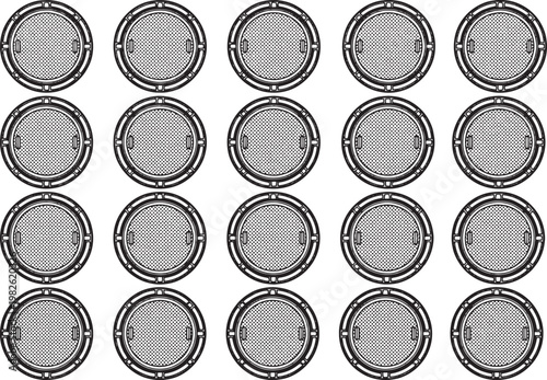 A repetitive, graphic pattern of circular manhole covers set against a solid background. Illustrating urban infrastructure elements and design.