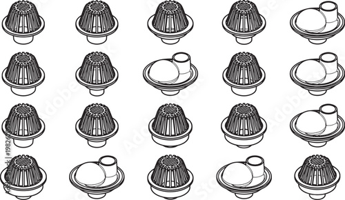 A symmetrical pattern of specialized equipment used in cultivation, with various angles of an unique design, emphasizing a sense of order.
