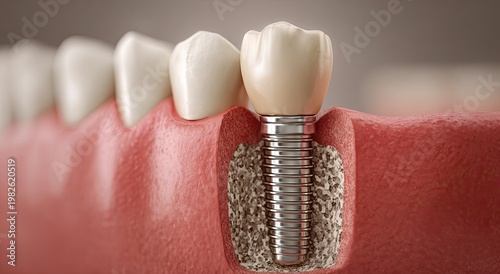 A detailed close-up view showcases a dental implant seamlessly integrated within the jawbone, demonstrating the process of tooth restoration and oral health.
