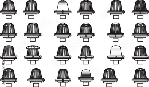 An assortment of diverse, stylized fire hydrants. Fire hydrants arranged to display variety in the design.