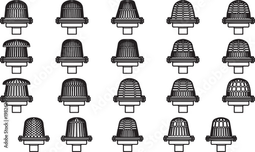 Array of diverse industrial roof drains, presented in monochrome against a pristine backdrop, showcasing functionality and style. 