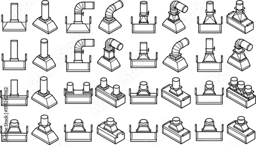 A collection of Various Chimney Caps and Flue Pipe Components, offering a comprehensive array of functional elements, each rendered in meticulous detail, ensuring clarity and utility.