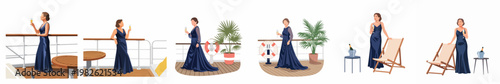 Set of illustrations featuring a sophisticated woman in an evening gown on a luxury cruise ship deck with champagne.