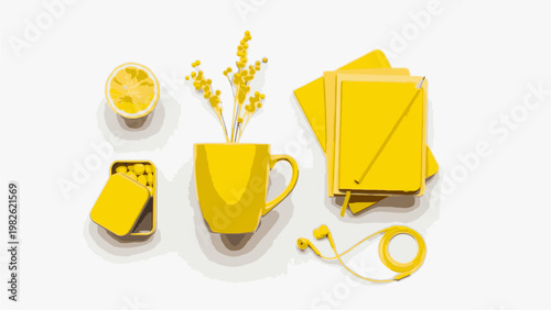 Flat lay of yellow office supplies and accessories on a white background with a cup of flowers.