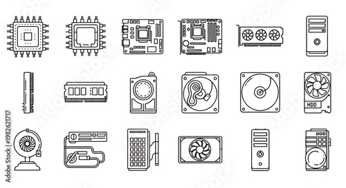 Collection of electronics and device icons in a technical iconset for graphic design.