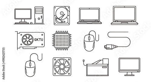Collection of technology devices and computer equipment icons in hand drawn style.