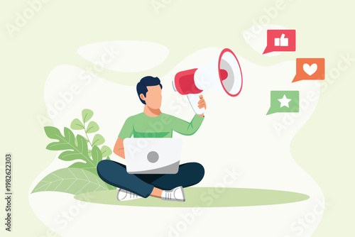 Content Creator Sharing Marketing Message. Digital Marketing Concept. Vector graphic illustration