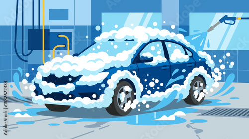 Blue Car Covered in Soap Suds.