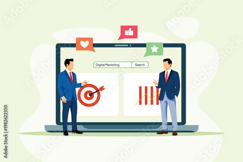 Digital Marketing Strategy Presentation Meeting. Digital Marketing Concept. Vector graphic illustration