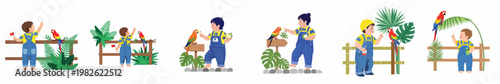 Illustration collection of a cute toddler boy in overalls interacting with colorful parrots and tropical plants at a nature park or zoo.
