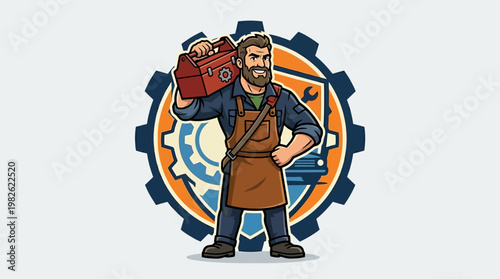 Cartoon man holding a toolbox confidently.