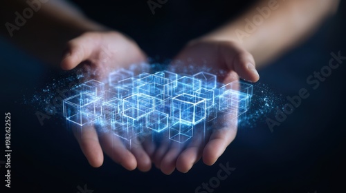 Hands holding a glowing abstract digital block structure