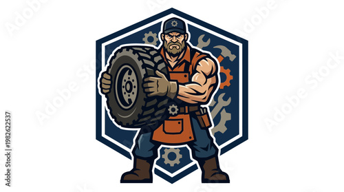 Cartoon man holding a tire strongly.