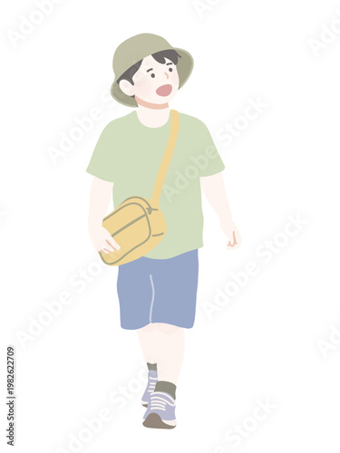 男の子　ショルダーバッグ　帽子　夏　冒険　探検　お出かけ　フラットイラスト