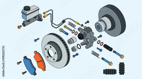 Disassembled car brake system parts.