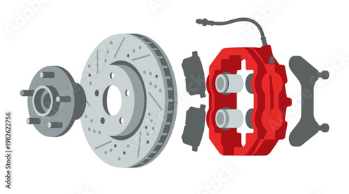 Disassembled car brake system parts closeup.