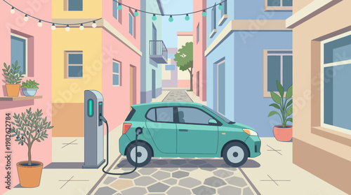 Electric car charging on street side.