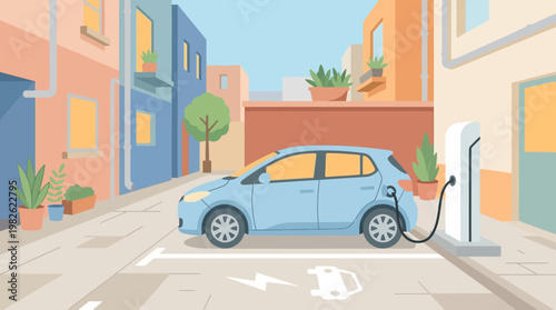 Electric car charging at station.